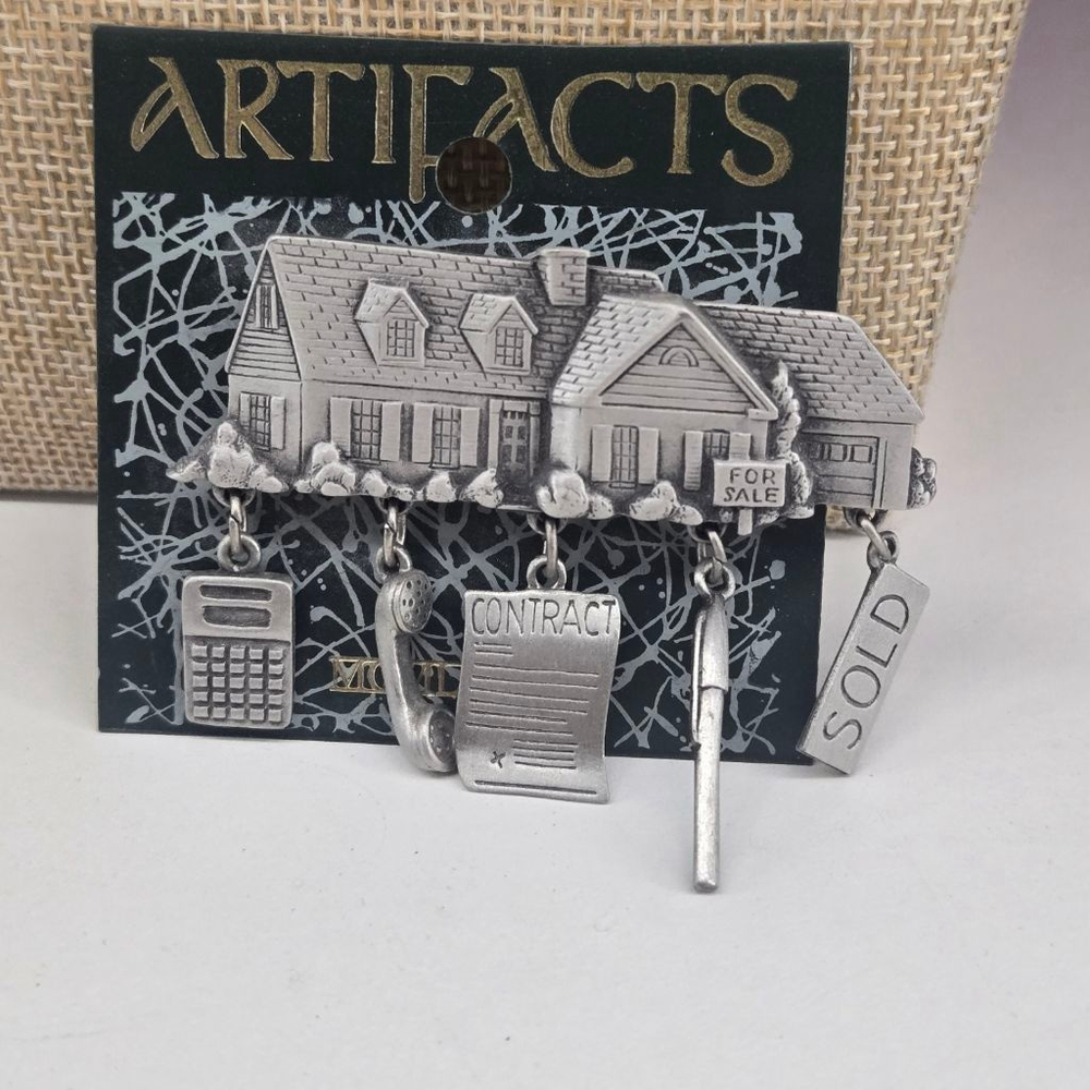 JJ Jonette Brooch NWT Silver Tone Real Estate Pin House with Realtor Charms